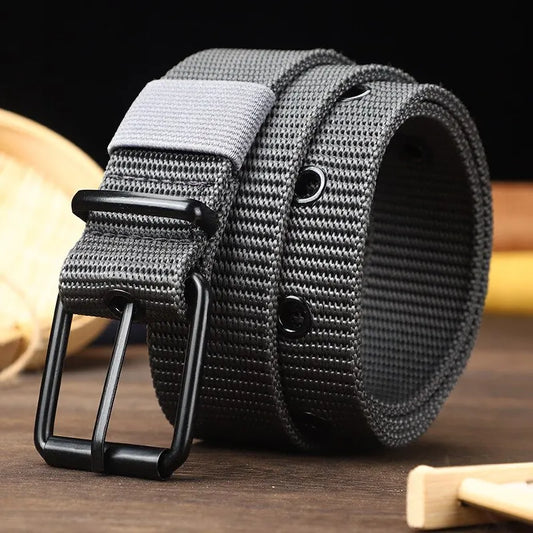 Men's Belt Porous Canvas Pin Buckle Leather Belt Outdoor Sports Belt